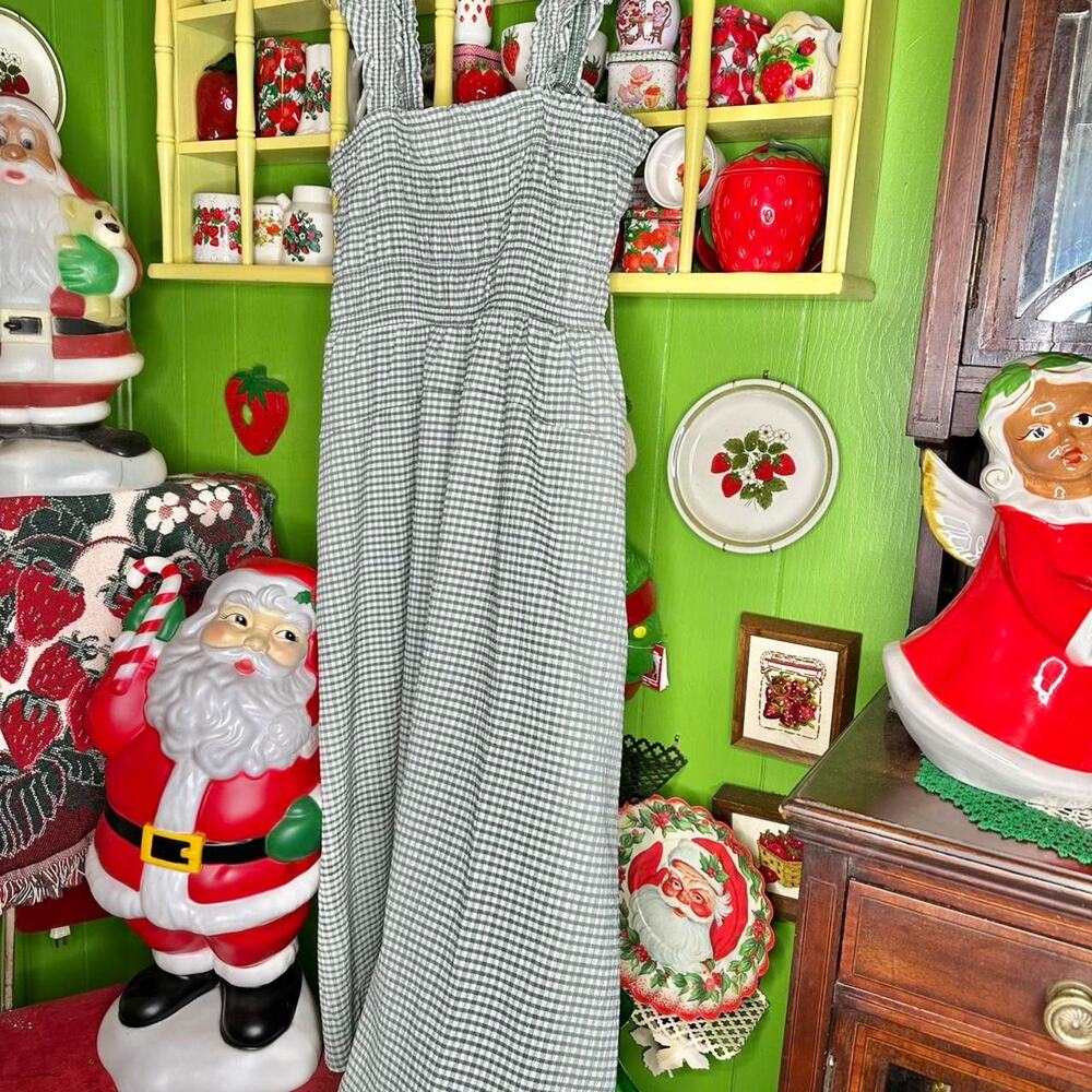 Boho cottagecore fairycore sage green gingham checkered plaid smocked maxi dress